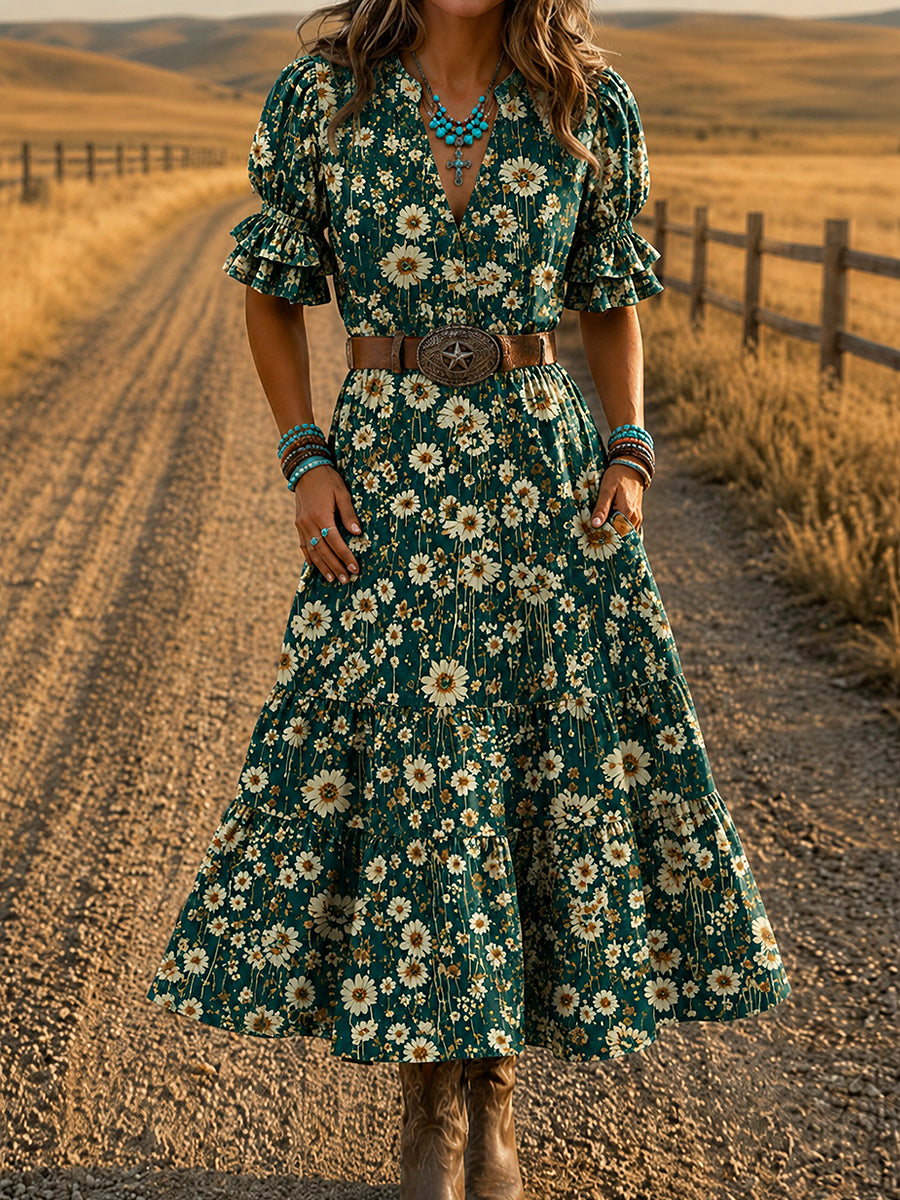 Women's Retro Art Print Washed Cotton Layered Patchwork Midi Dress